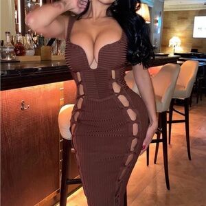 Fashion Nova Brown Ribbed Cutout Midi Dress